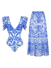 One-Shoulder Swimsuit with Oversized Flower Detail and Matching Printed Sarong Set