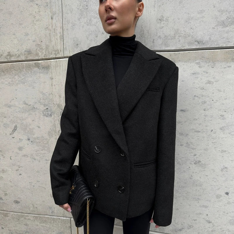 Black Belted Lapel Collar Blazer with double-breasted buttons