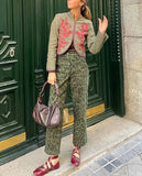 Print Trouser and Embroidery Long-sleeved Coat 2 pcs Set
