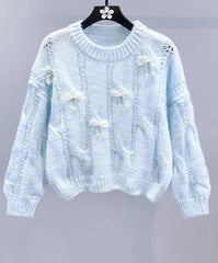 Knitted Sweet Bow Round Neck Sweater Blue