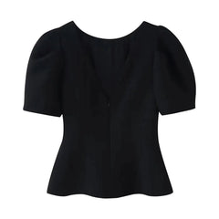 Puff Sleeve Boat Neck Peplum Blouse