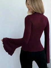 Mock Neck Cutout Bell Sleeve Top