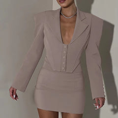 Turn-down Collar Khaki Long Sleeve Blazer Mini Skirt Suit