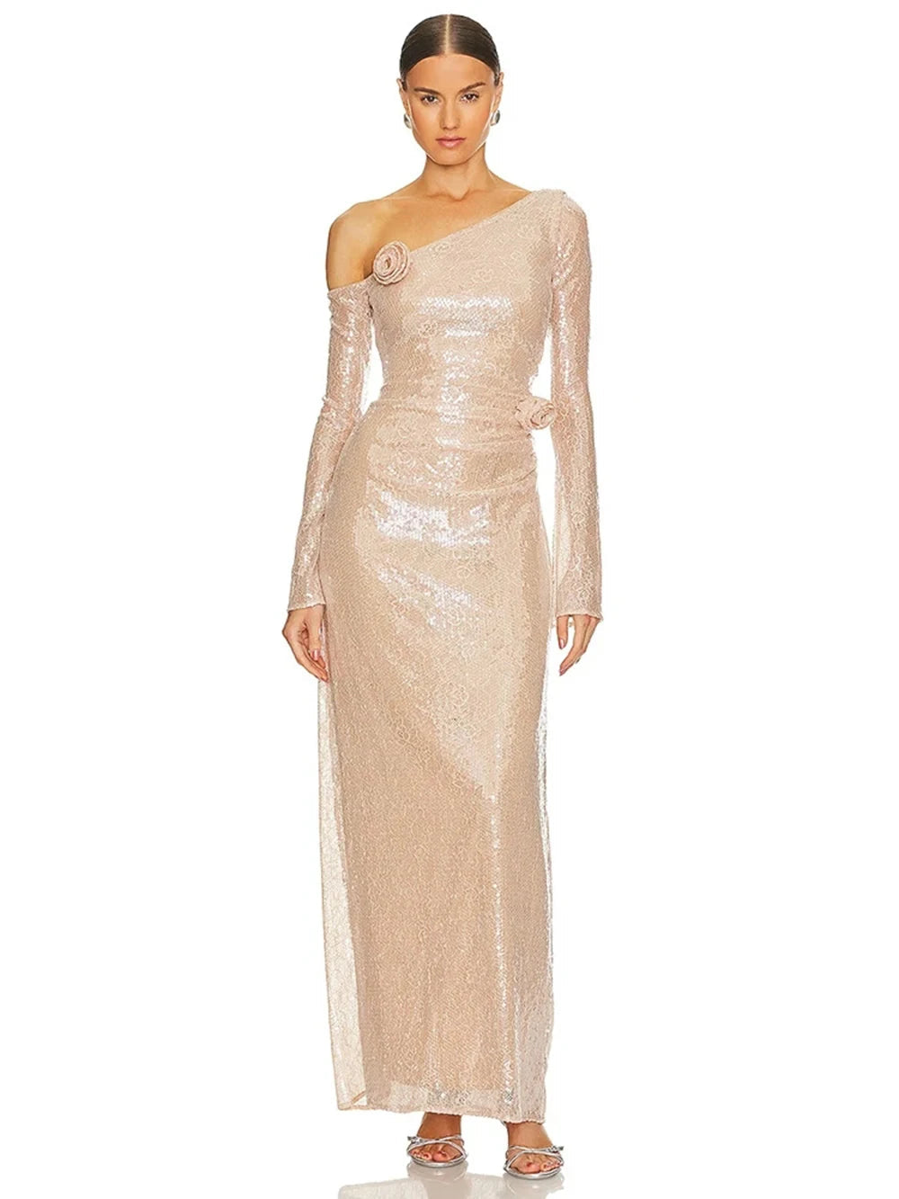 Mesh sequin 3D flower long sleeve bodycon maxi dress for festival parties.

