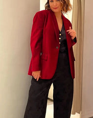 Red Turn Down Collar Pockets Single Button Women Blazer