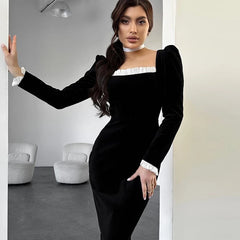 Black Velvet Square Neck Puff Sleeve Midi Dress