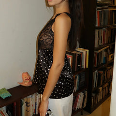 Sleeveless V-neck lace bodice polka dot satin peplum tank top detail view