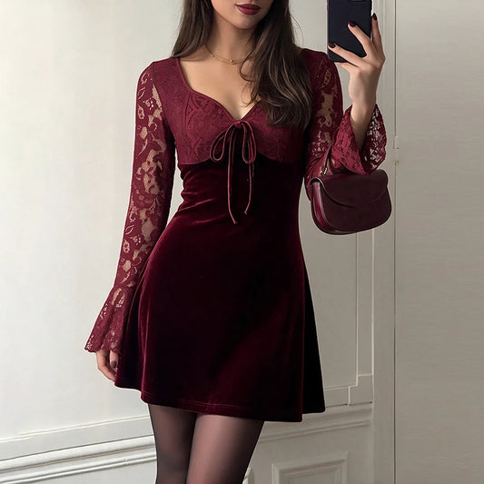 Velvet lace mini dress with sweetheart neckline and flare sleeves
