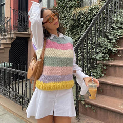 Rainbow Striped Knitted Sleeveless Sweater 