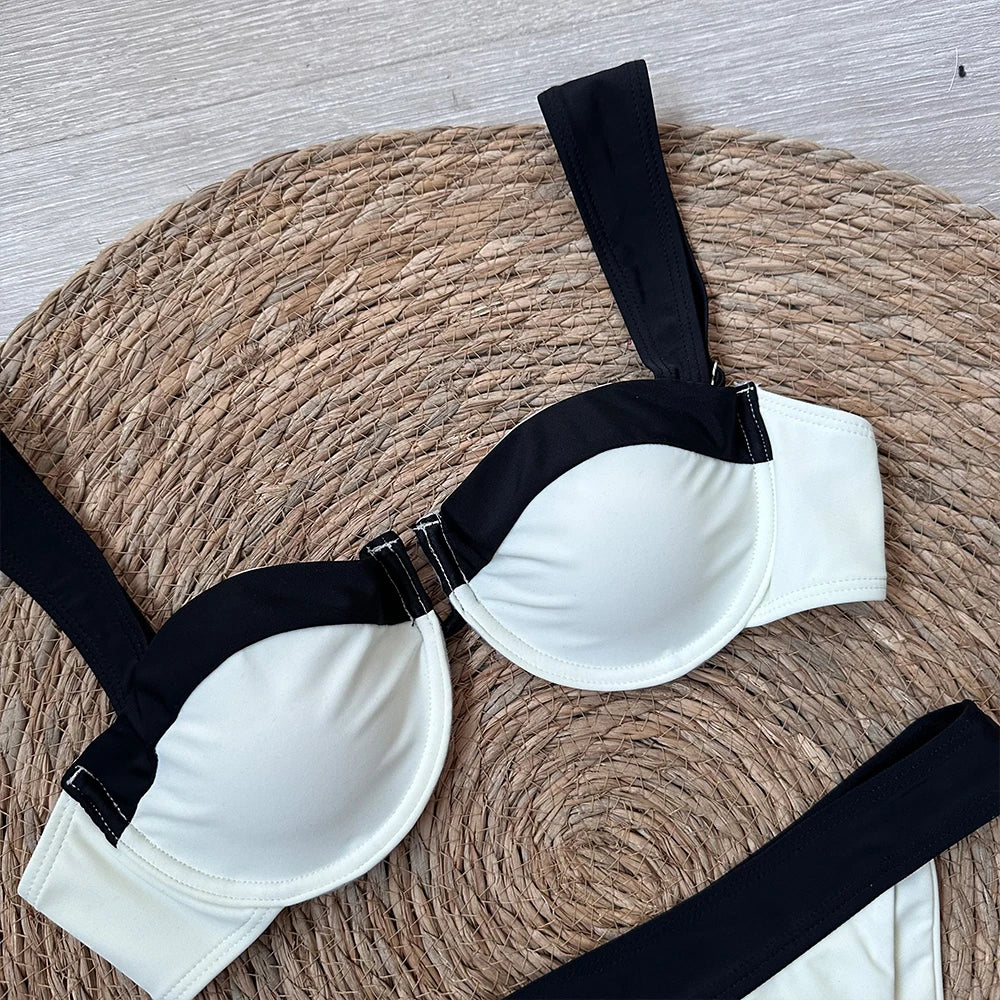 Close-up detail of the contrast trim bikini top.