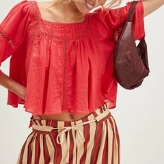 Lace Trim Square Neck Bow Back Crop Top