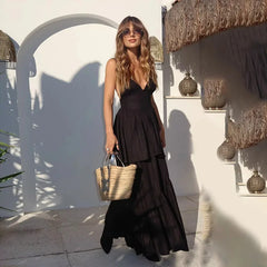 Brown V-neck Layered Maxi Dress