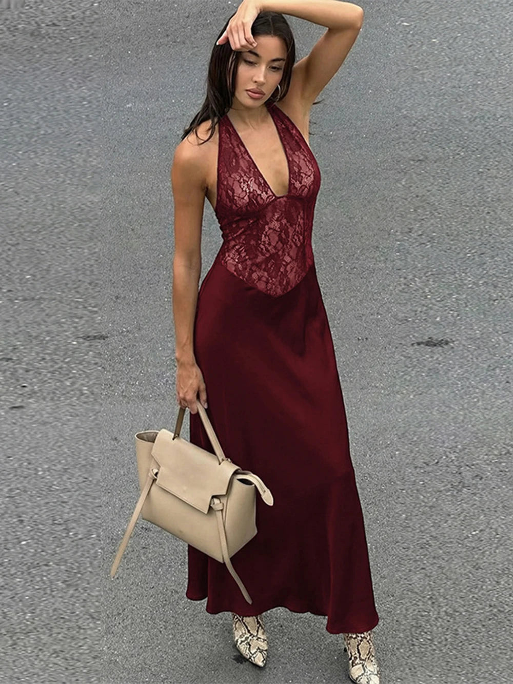 Burgundy deep V-neck lace halter maxi dress