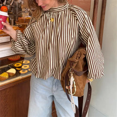 Striped tie back puff sleeve top front view