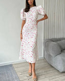 Women's Floral Printed Puff Sleeves Knee Length Dress