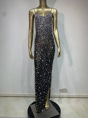 Rhinestone Mesh Embellished Spaghetti Strap Maxi Dress