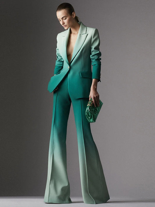 Model wearing a gradient ombre blazer and flare pants suit