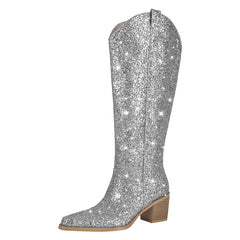 Glitter Pointed Toe Block Heel Cowboy Boots