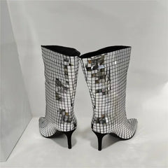 Back view of Crystal Sequin Pointed Toe Boots with a stiletto heel.