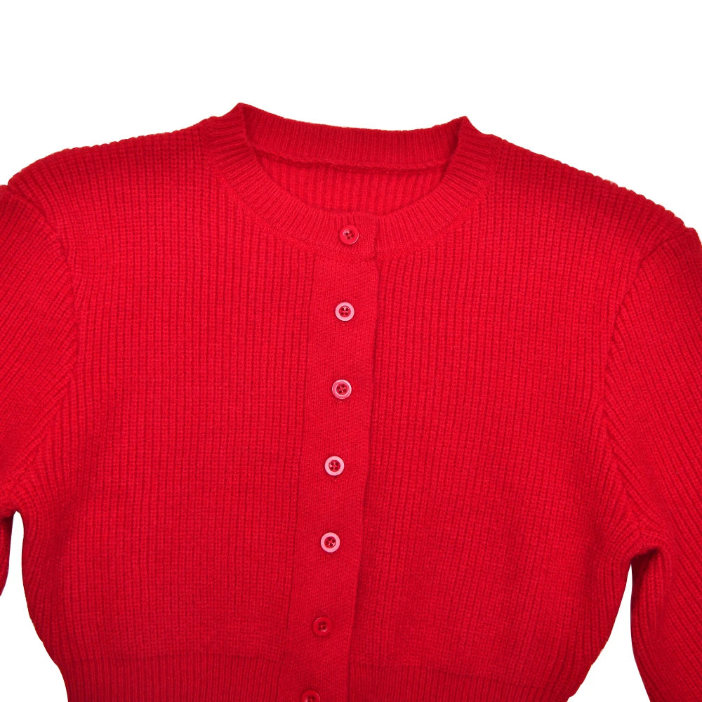 Red cardigan with buttons on a white background