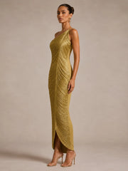 Gold Fringe One-Shoulder Midi Dress