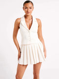 White V Neck Sleeveless Top And Pleated Mini Skirt Set