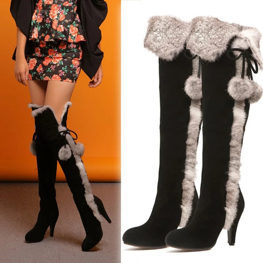 Fur trimmed over the knee boots with pom poms