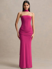 Strapless Choker Neck Gathered Waist Maxi Dress