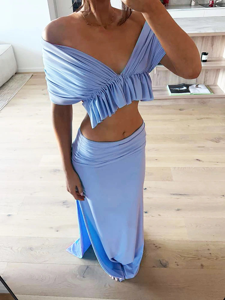 Ruffled off-shoulder crop top and high slit maxi skirt set