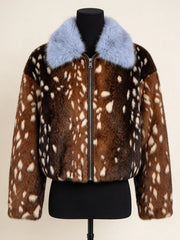Faux Fur Deer Print Collar Jacket