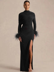 Black draped feather cuff maxi dress