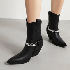 Studded Pointed Toe Block Heel Ankle Boots