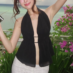 Black Halter neck Deep V-neck Slit Top