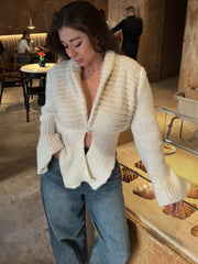 White knit coat with waterfall collar and flared sleeves