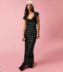 Satin Polka Dot Cap Sleeve Maxi Dress