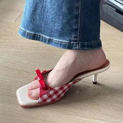 Bow Gingham Pattern Low Heels Shoes