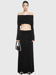 Off Shoulder Pleated Cropped Top With High Waist Midi Skirt Set