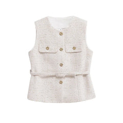 Tweed Belted Sleeveless Top