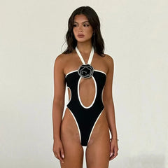 One-Piece Swimsuit with Contrast Trim and Floral Detail
