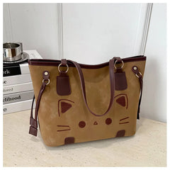 Cute Cat Face Suede Shoulder Tote Bag