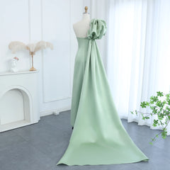 Sage Green One-Shoulder Evening Dress with Cape Crystal Tassel