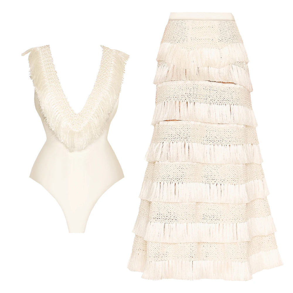Fringed swimsuit and matching skirt displayed separately