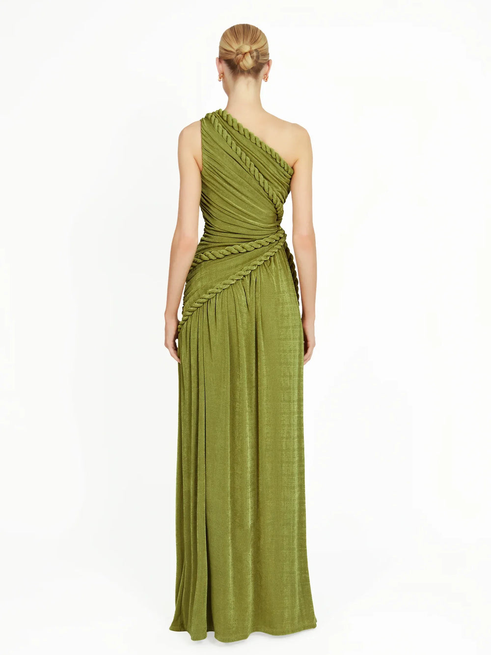 Green one-shoulder dress on a white background