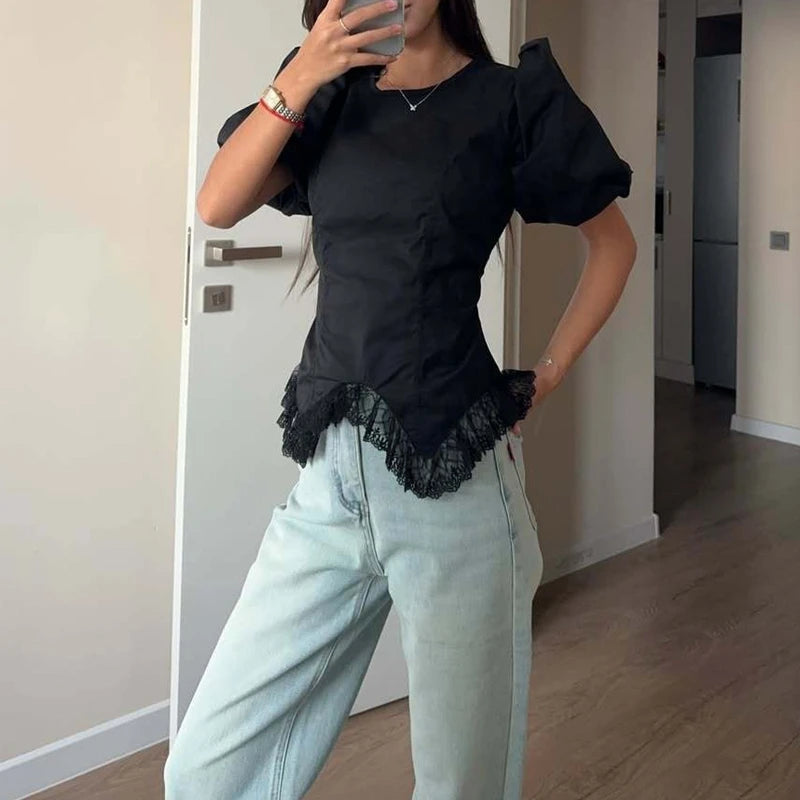 Black puff sleeve lace trim top
