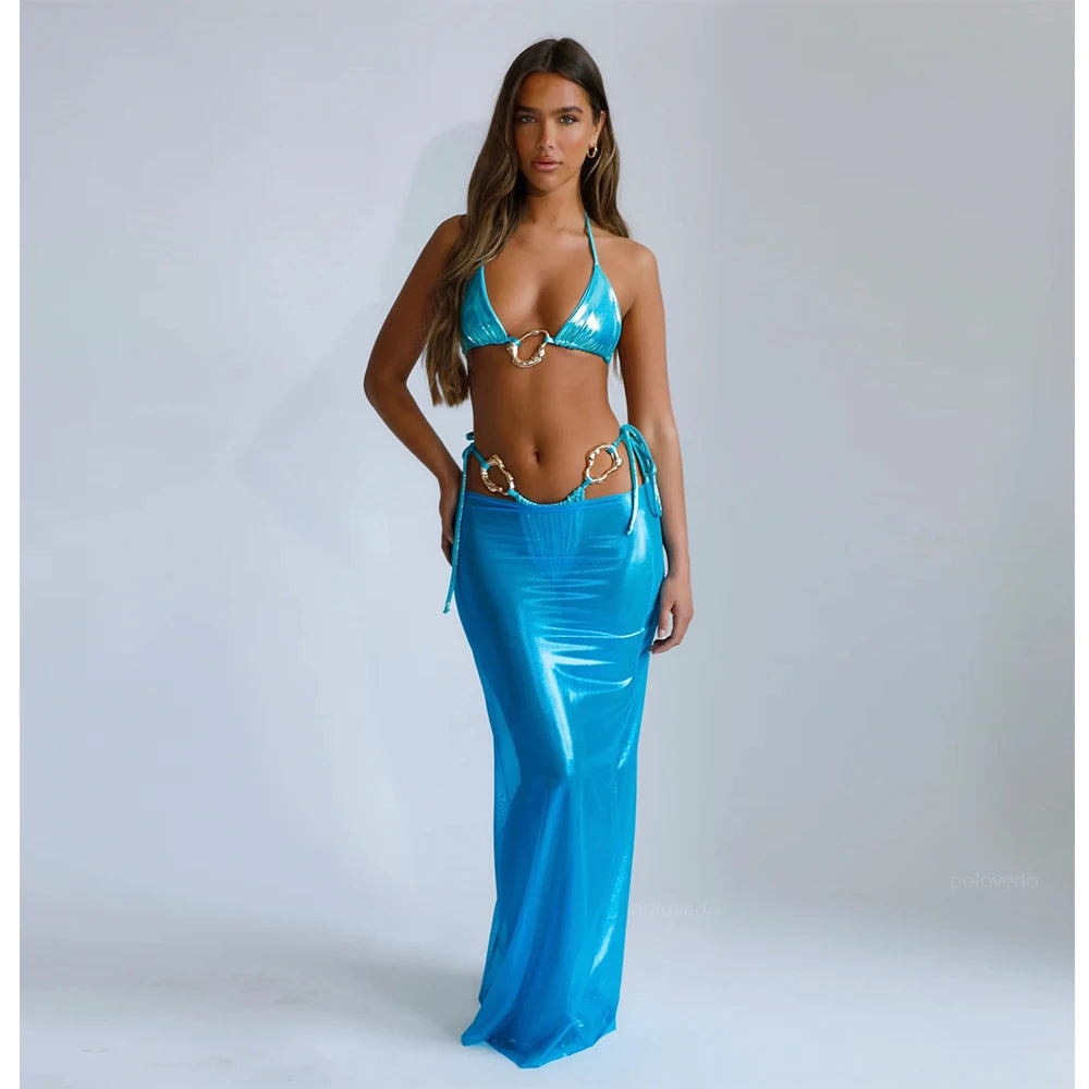 Blue metallic halter bikini top and matching maxi skirt