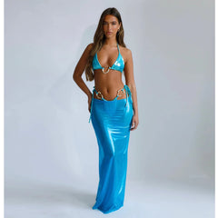 Blue metallic halter bikini top and matching maxi skirt