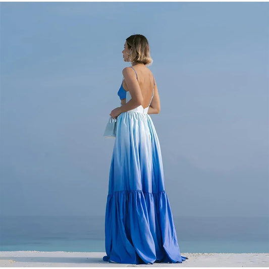 Waist Hollow Out Open Back Blue Gradient Patchwork Pleated Dress