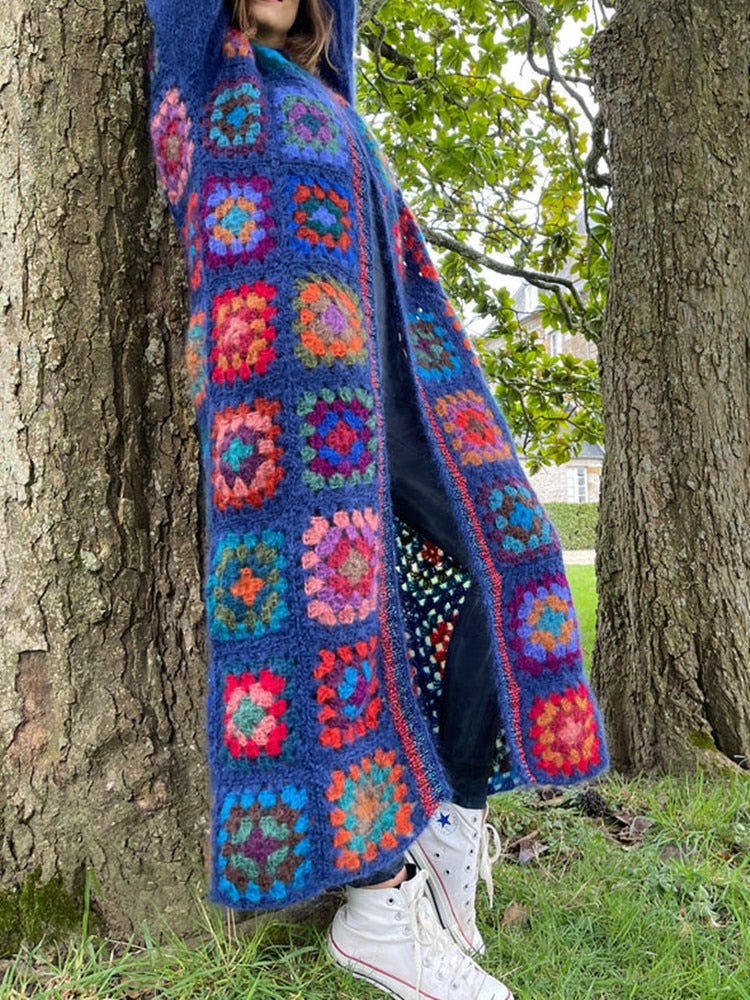 Plaid Flower Hand Crochet O-Neck Long Sweater Women Jumper