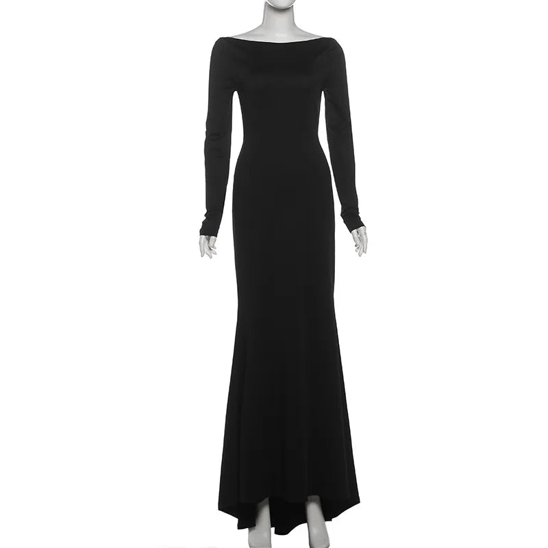 Black long-sleeve gown on a mannequin against a white background