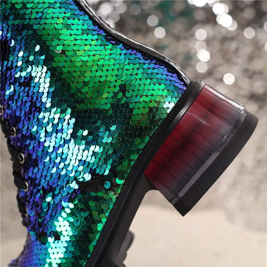 Close-up of a sequined shoe with a glittery background